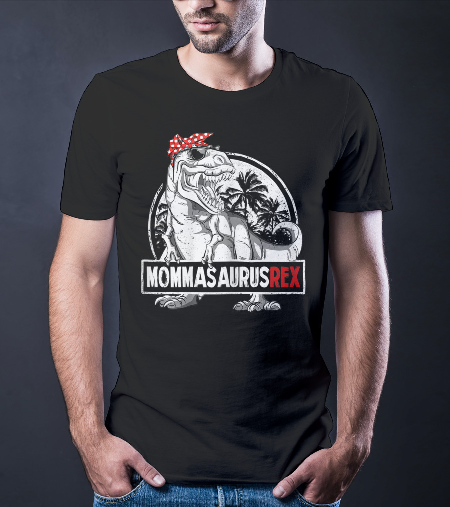 Mommasaurus Rex Dinosaur With Red Bandana And Palm Trees T-Shirt