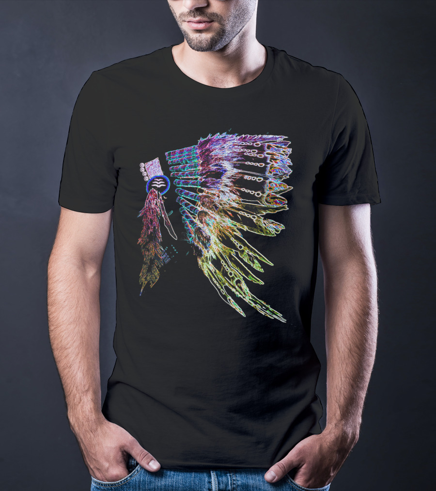 Native American Headdress Colorful Feather Neon T-Shirt