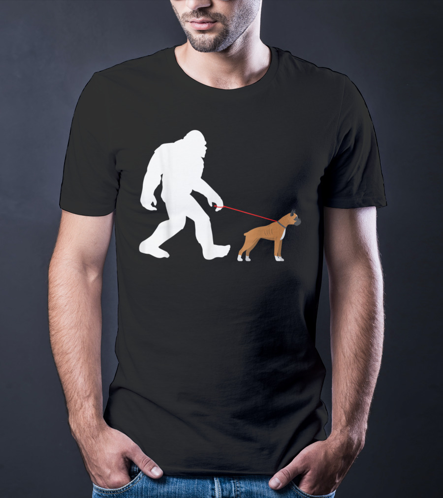 Bigfoot Sasquatch Walking Boxer Dog Novelty T-Shirt