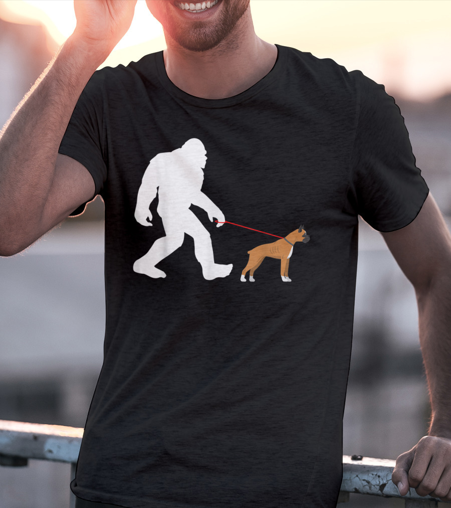 Bigfoot Sasquatch Walking Boxer Dog Novelty T-Shirt