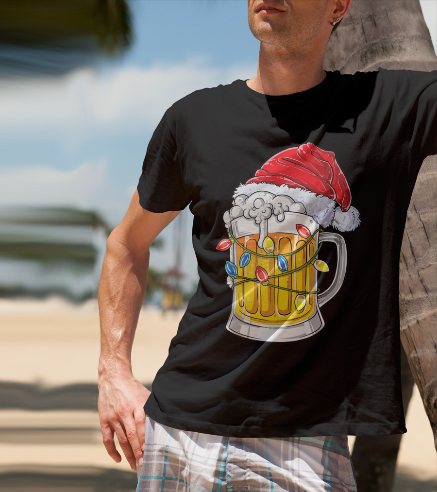 Beer Santa Hat Christmas Lights Holiday Cheer T-Shirt