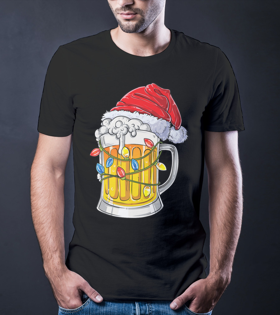 Beer Santa Hat Christmas Lights Holiday Cheer T-Shirt