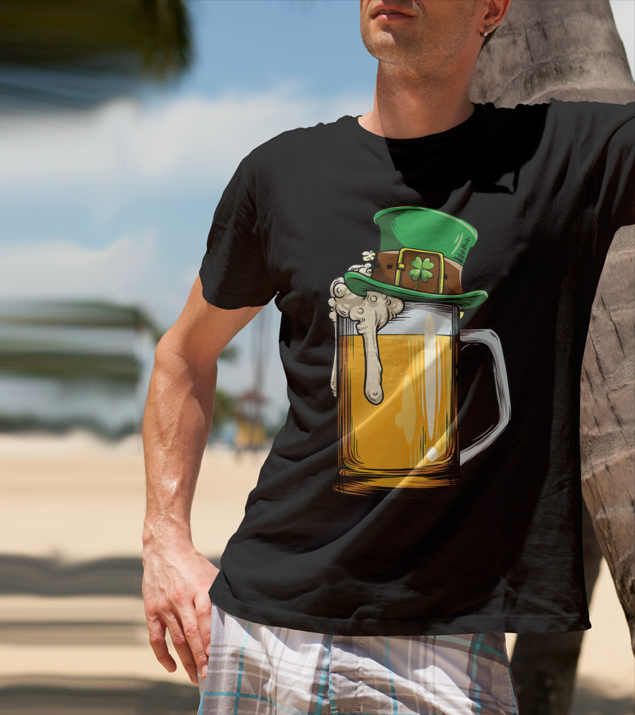 Leprechaun Hat Overflowing Beer Mug With Shamrock Foam T-Shirt