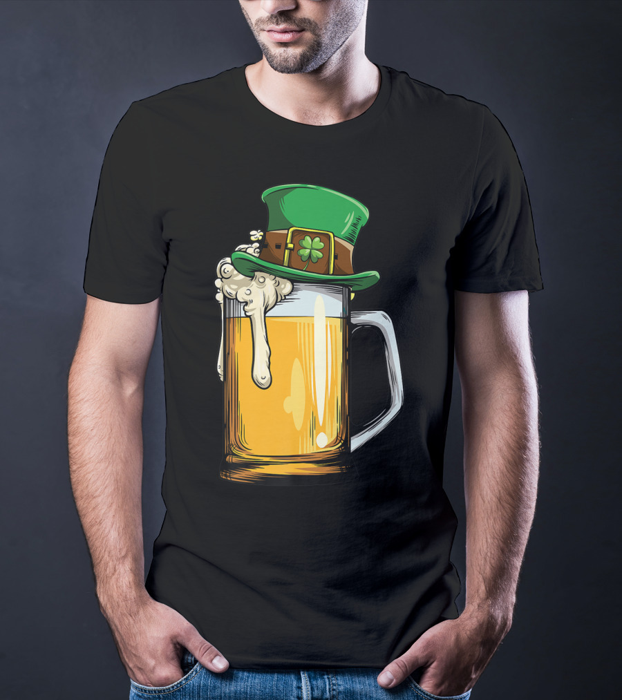 Leprechaun Hat Overflowing Beer Mug With Shamrock Foam T-Shirt