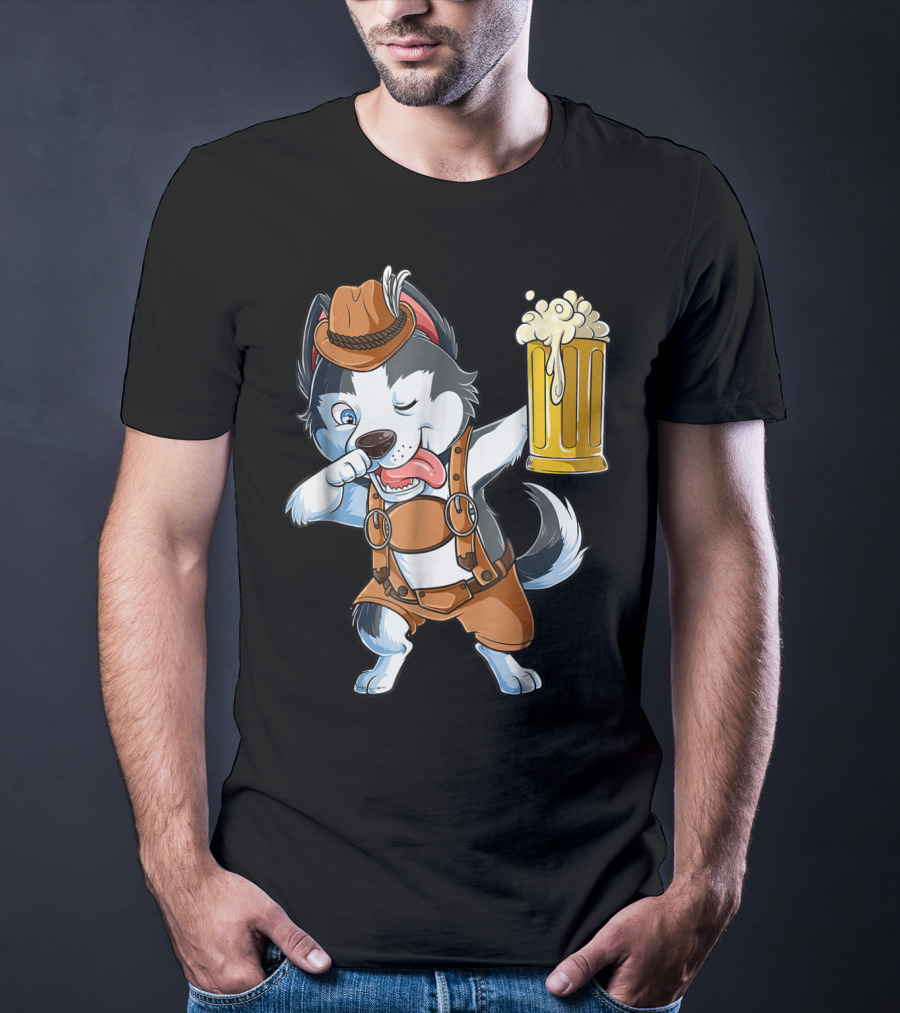 Dabbing Siberian Husky Oktoberfest Lederhosen Beer Mug T-Shirt