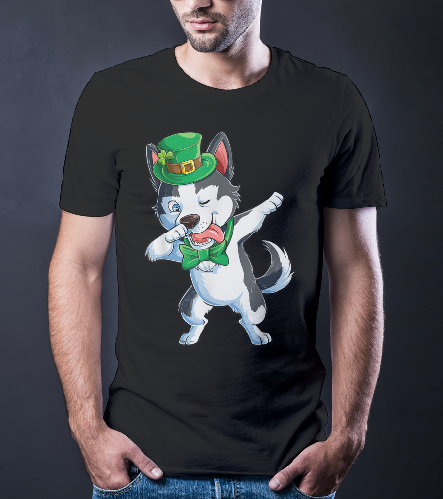 St. Patrick's Day Dabbing Siberian Husky With Green Hat And Bow Tie T-Shirt