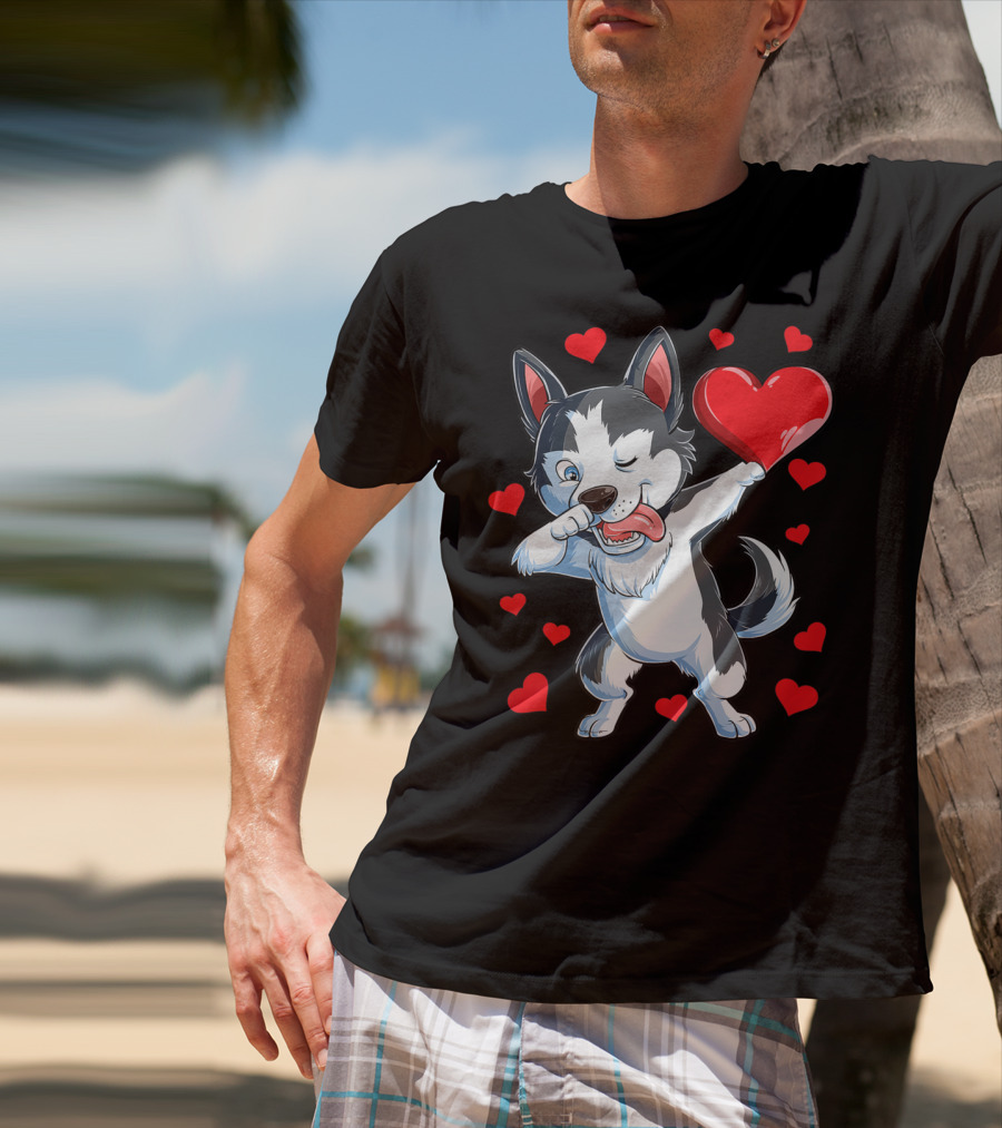Dabbing Siberian Husky Holding Heart Surrounded By Red Valentine Hearts T-Shirt