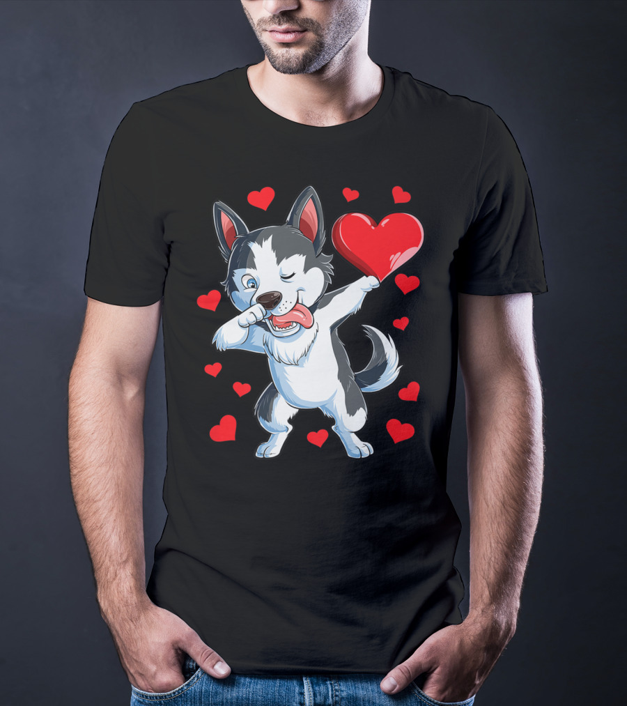 Dabbing Siberian Husky Holding Heart Surrounded By Red Valentine Hearts T-Shirt