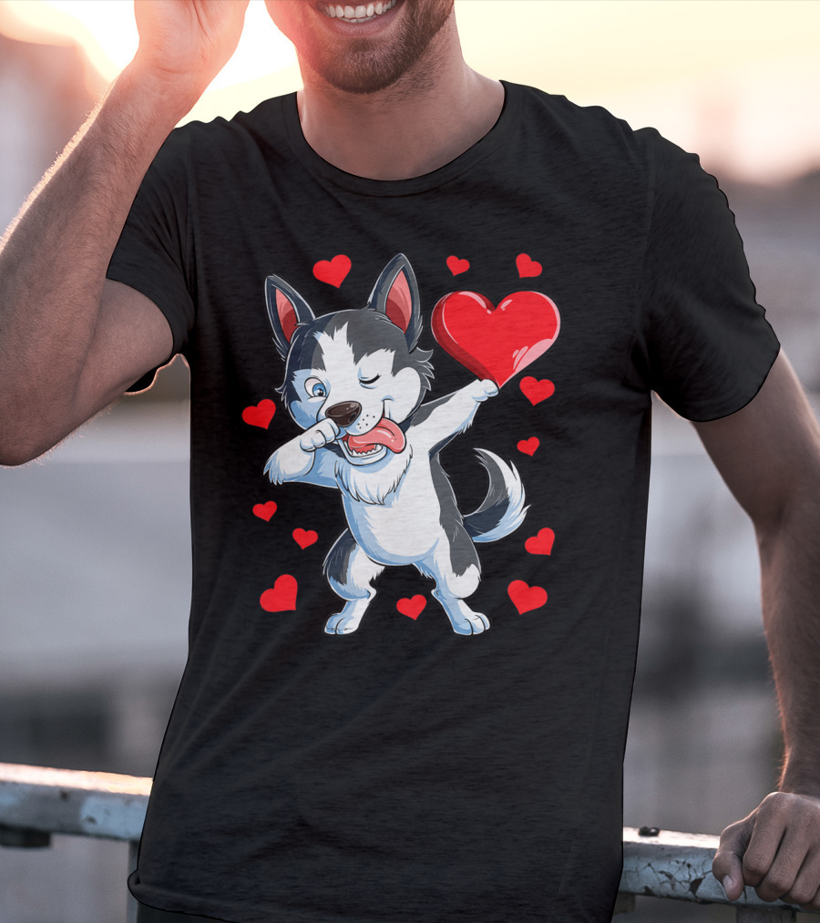 Dabbing Siberian Husky Holding Heart Surrounded By Red Valentine Hearts T-Shirt