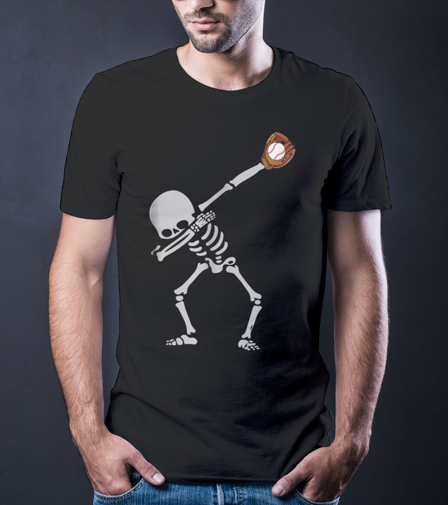 Dabbing Skeleton Catching Baseball Halloween T-Shirt