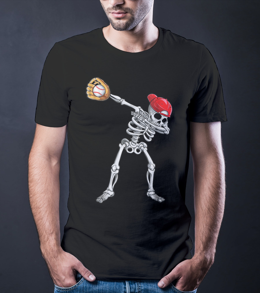 Dabbing Skeleton With Baseball Glove And Cap T-Shirt
