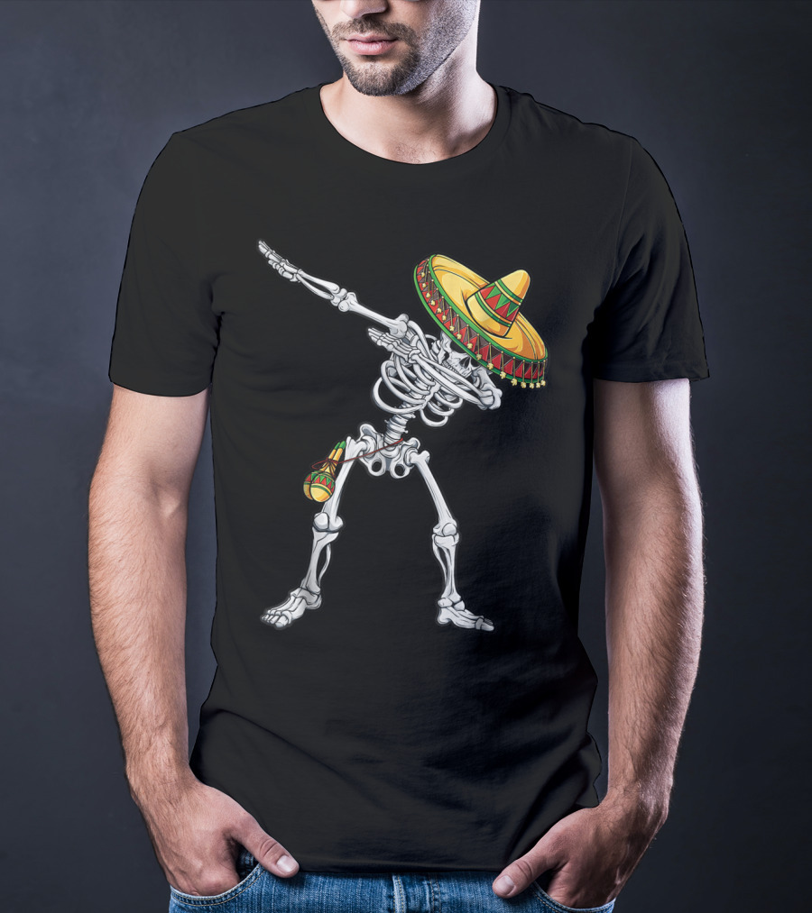 Cinco De Mayo Dabbing Skeleton With Sombrero And Maracas T-Shirt