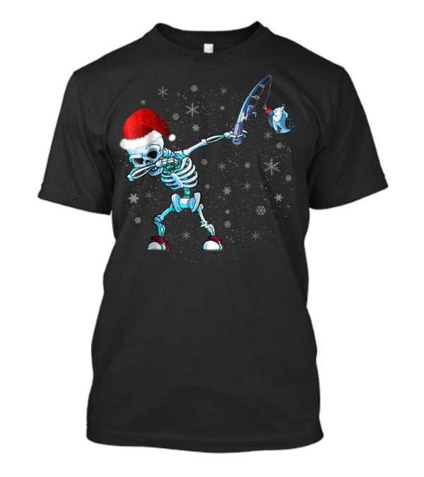 Santa Skeleton Dabbing With Fishing Rod And Shark T-Shirt