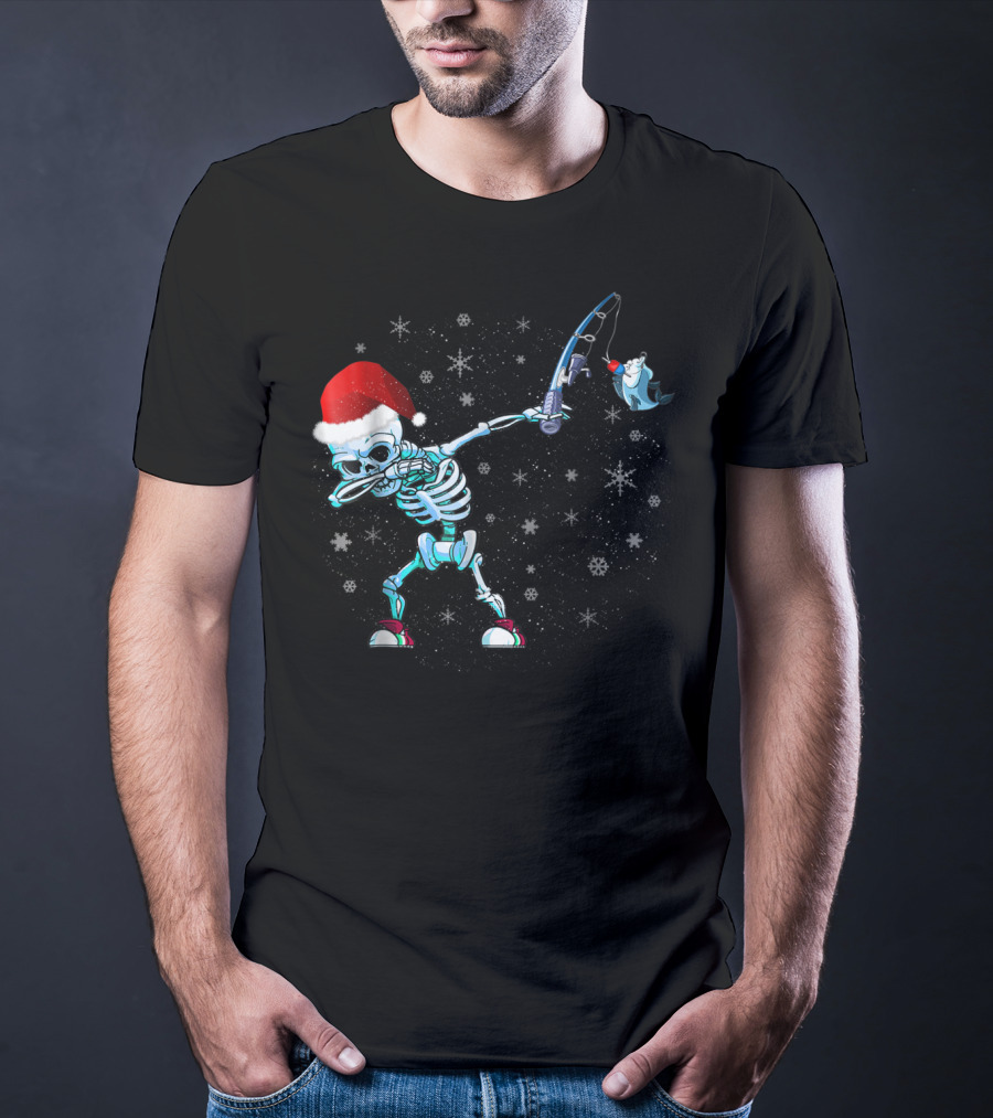 Santa Skeleton Dabbing With Fishing Rod And Shark T-Shirt