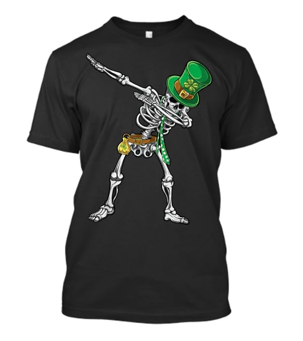 Dabbing Skeleton Leprechaun With Green Hat And Shamrock Tie T-Shirt