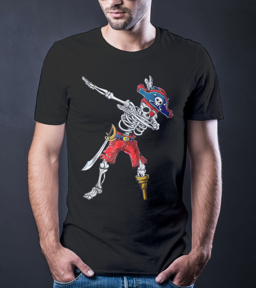 Skeleton Pirate Dabbing In Red Pants And Tricorn Hat With Sword T-Shirt