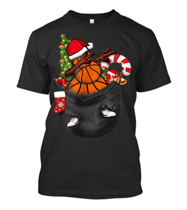 Christmas Dabbing Basketball Snowman In Pocket With Candy Cane And Santa Hat T-Shirt