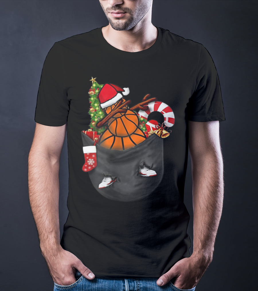 Christmas Dabbing Basketball Snowman In Pocket With Candy Cane And Santa Hat T-Shirt