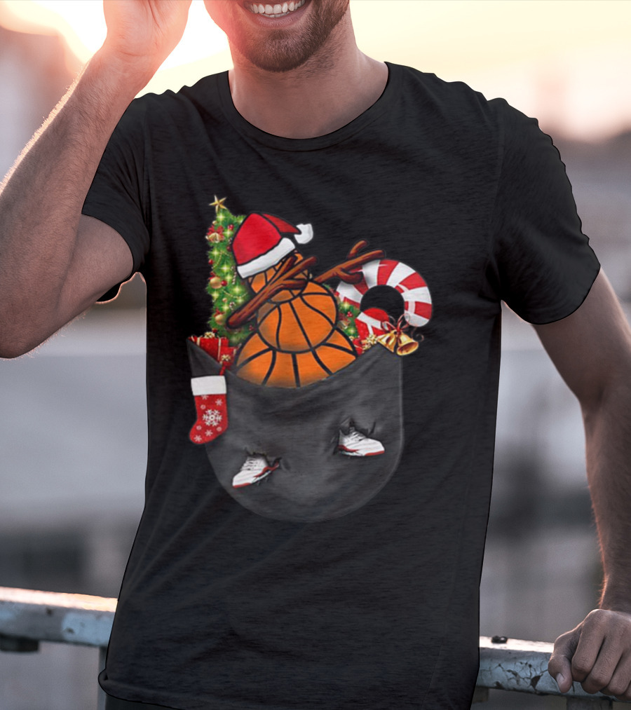 Christmas Dabbing Basketball Snowman In Pocket With Candy Cane And Santa Hat T-Shirt