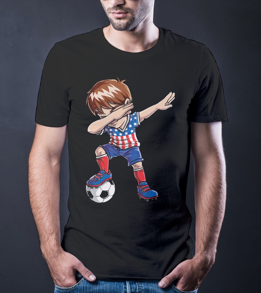 Dabbing Boy With Soccer Ball In American Flag Jersey T-Shirt