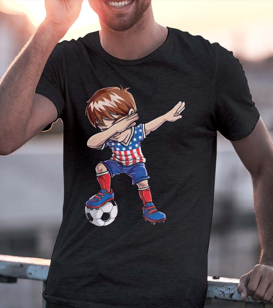 Dabbing Boy With Soccer Ball In American Flag Jersey T-Shirt