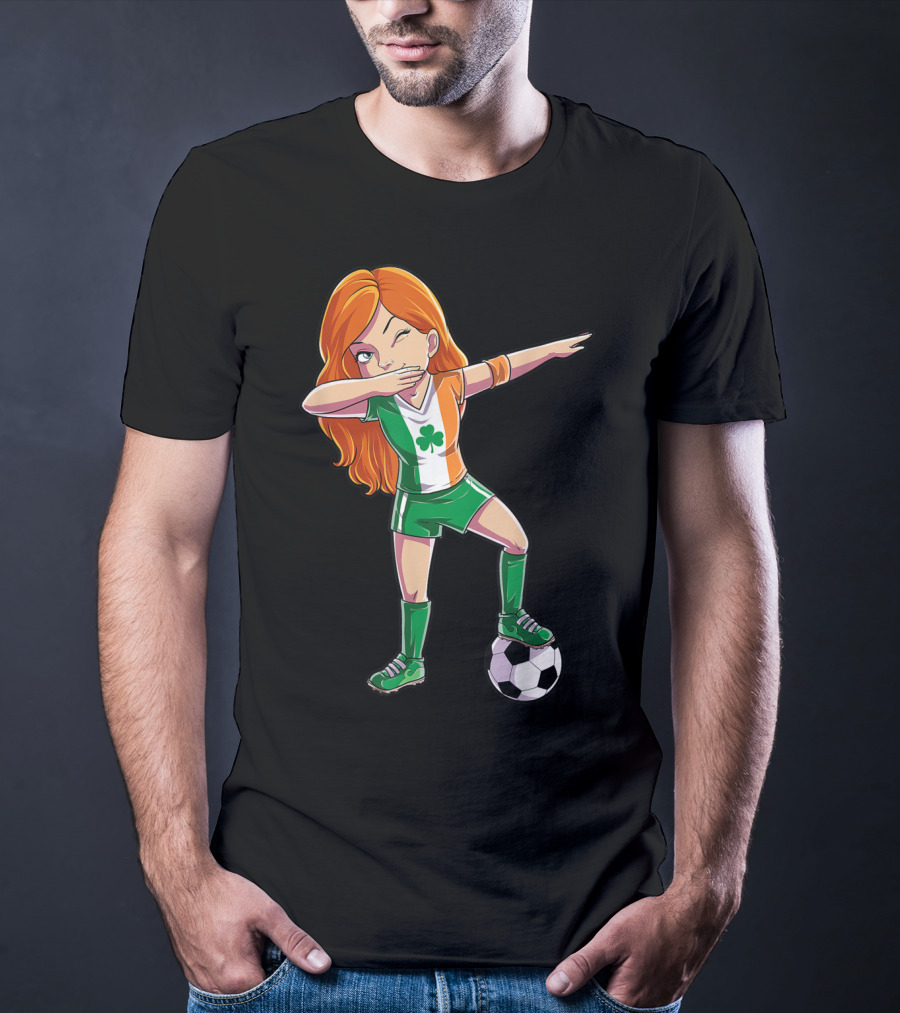 Dabbing Irish Soccer Girl With Shamrock Jersey And Football T-Shirt