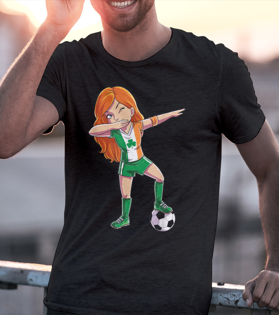 Dabbing Irish Soccer Girl With Shamrock Jersey And Football T-Shirt