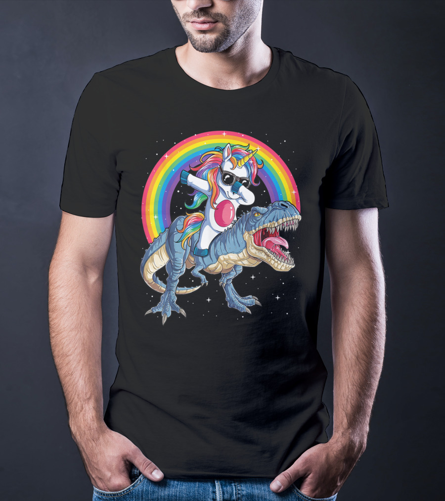 Dabbing Unicorn Riding T-Rex Under Rainbow In Space T-Shirt