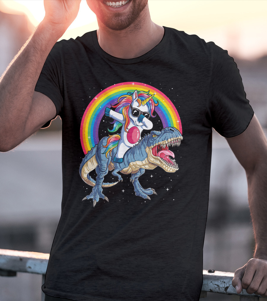 Dabbing Unicorn Riding T-Rex Under Rainbow In Space T-Shirt