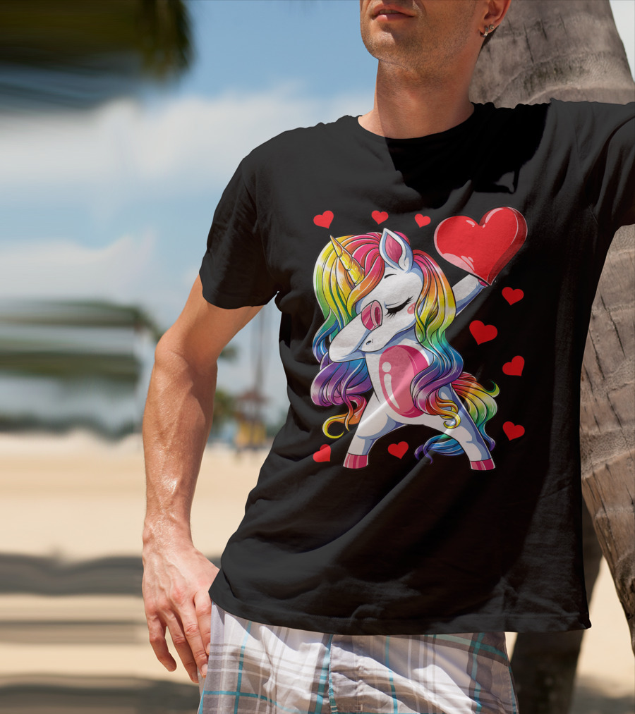 Valentine's Day Rainbow Dabbing Unicorn With Heart And Hearts T-Shirt