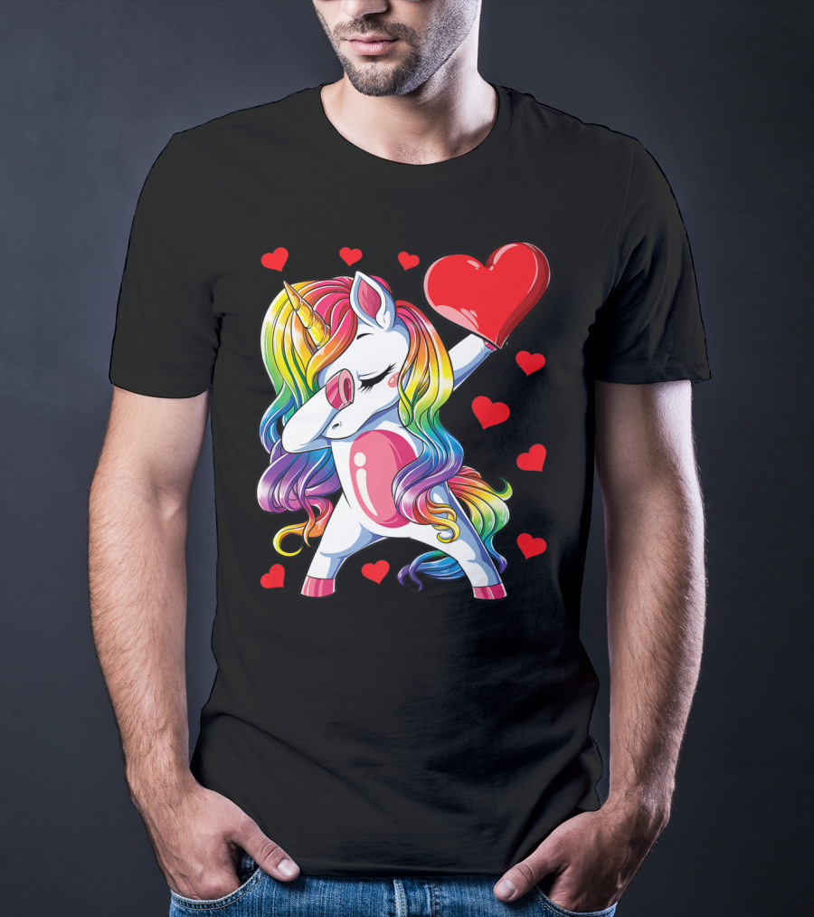 Valentine's Day Rainbow Dabbing Unicorn With Heart And Hearts T-Shirt