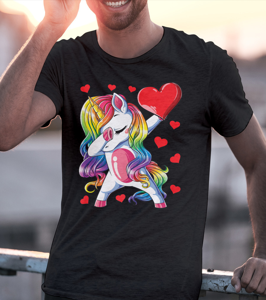 Valentine's Day Rainbow Dabbing Unicorn With Heart And Hearts T-Shirt