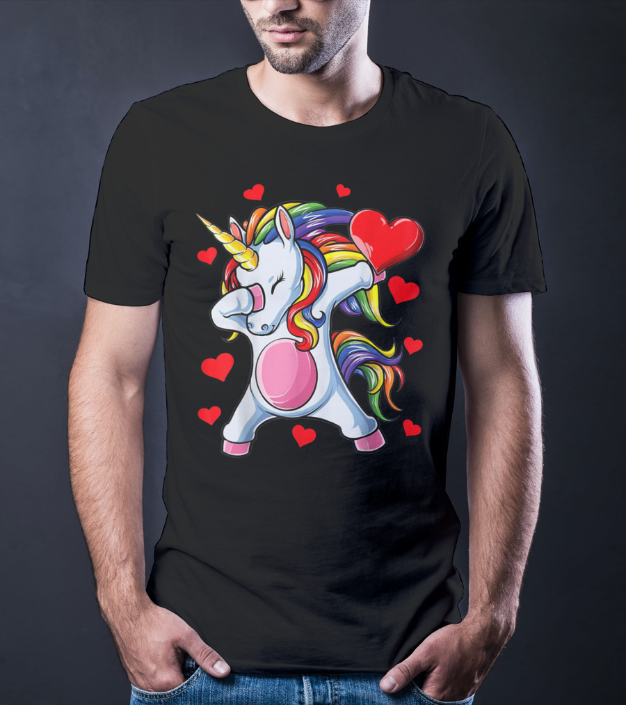 Valentines Day Dabbing Unicorn With Heart Girls T-Shirt