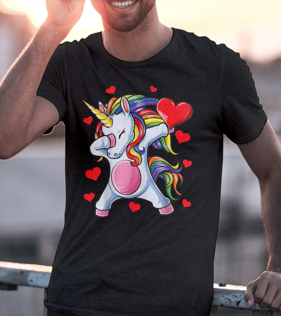 Valentines Day Dabbing Unicorn With Heart Girls T-Shirt