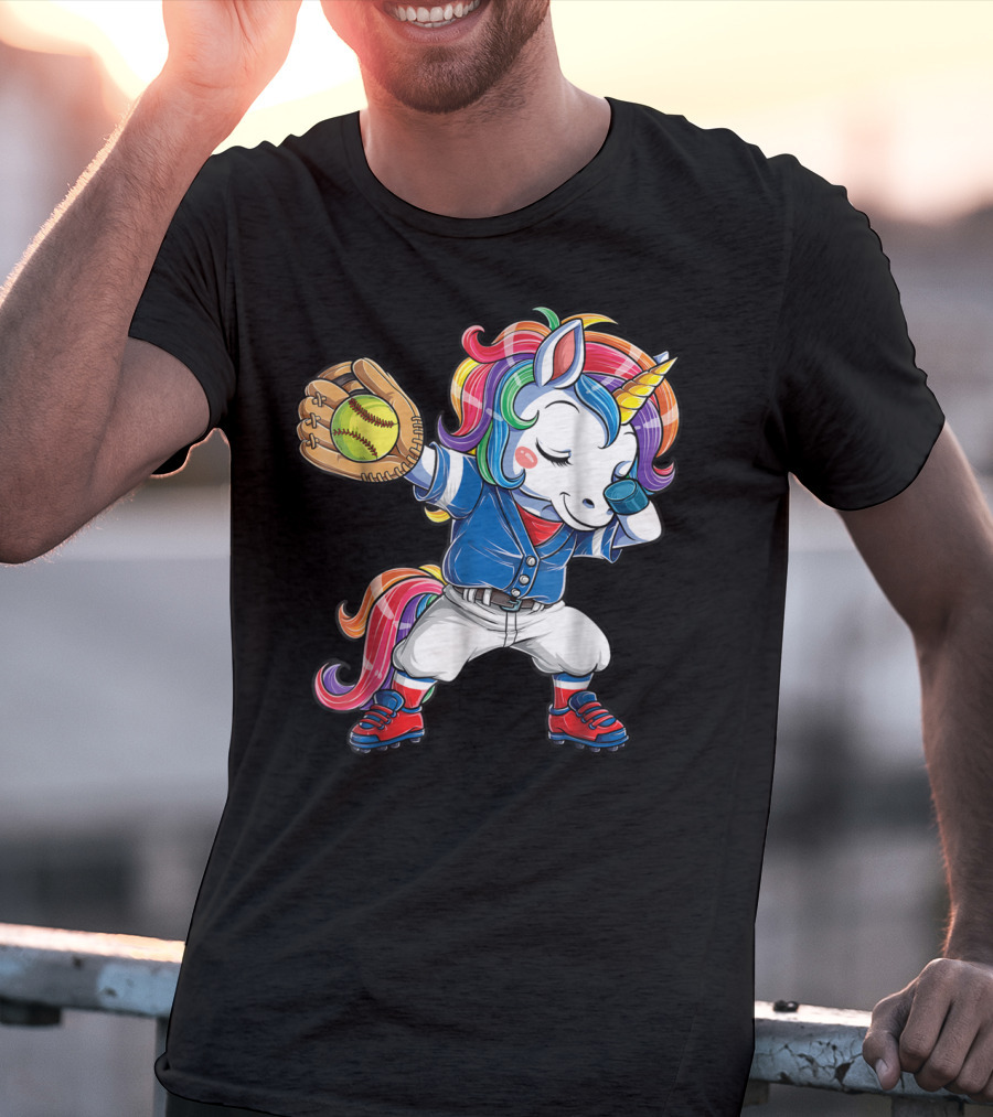 Dabbing Rainbow Unicorn In Softball Uniform Girls Dab T-Shirt