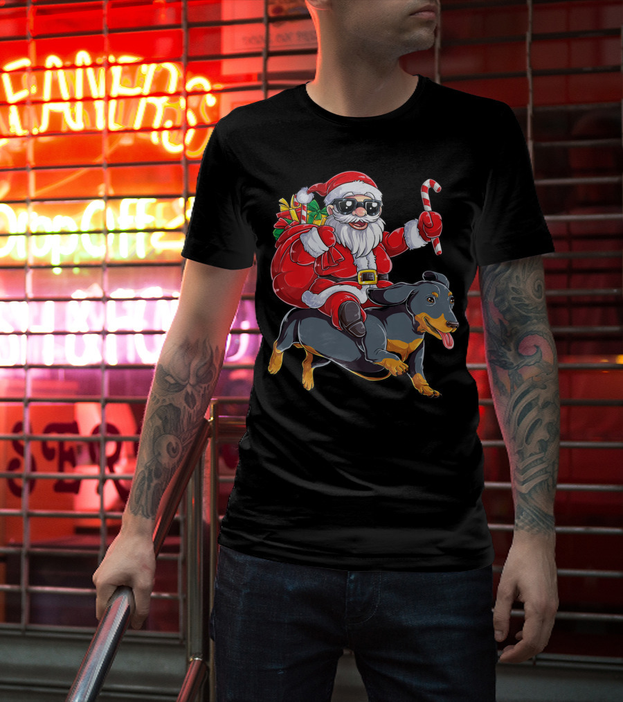 Santa Claus Riding Dachshund With Candy Cane And Presents T-Shirt