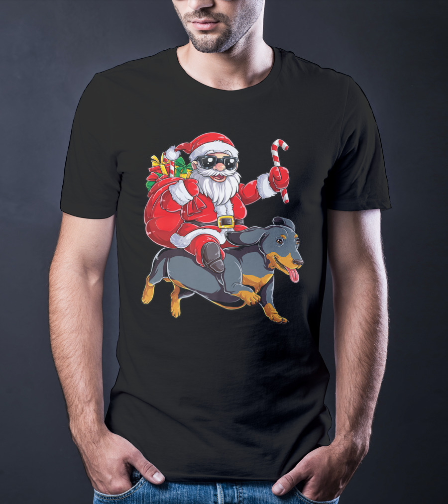 Santa Claus Riding Dachshund With Candy Cane And Presents T-Shirt