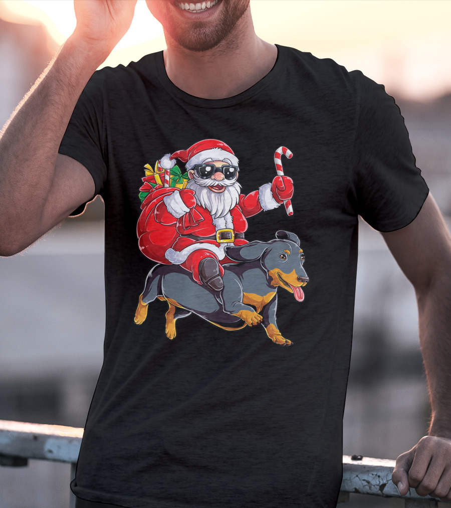 Santa Claus Riding Dachshund With Candy Cane And Presents T-Shirt
