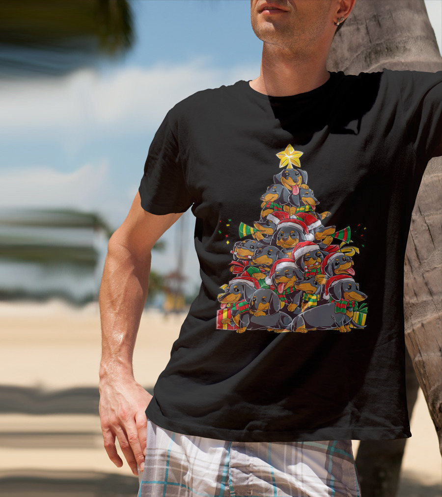 Dachshund Christmas Tree With Santa Hats And Gifts T-Shirt
