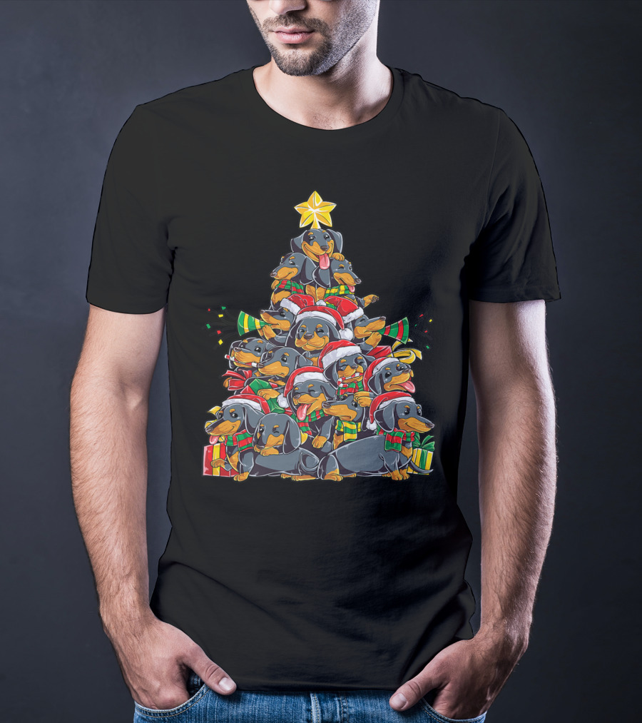 Dachshund Christmas Tree With Santa Hats And Gifts T-Shirt