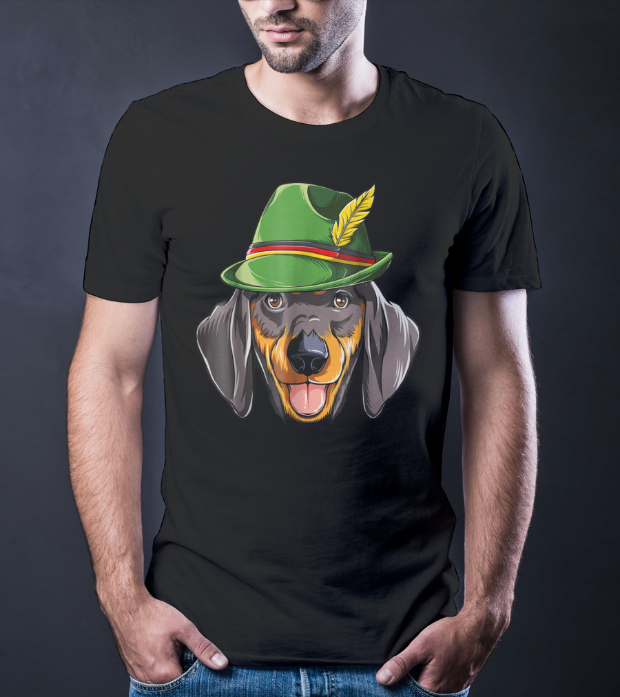 Dachshund Oktoberfest Kids Boys Lederhosen Dog In Green Hat With Feather T-Shirt