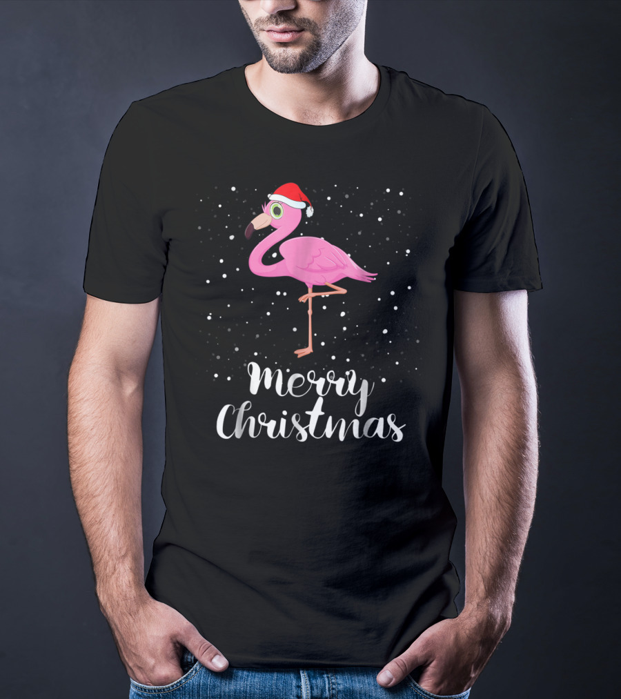 Merry Christmas Flamingo Santa Hat Family Matching Group T-Shirt