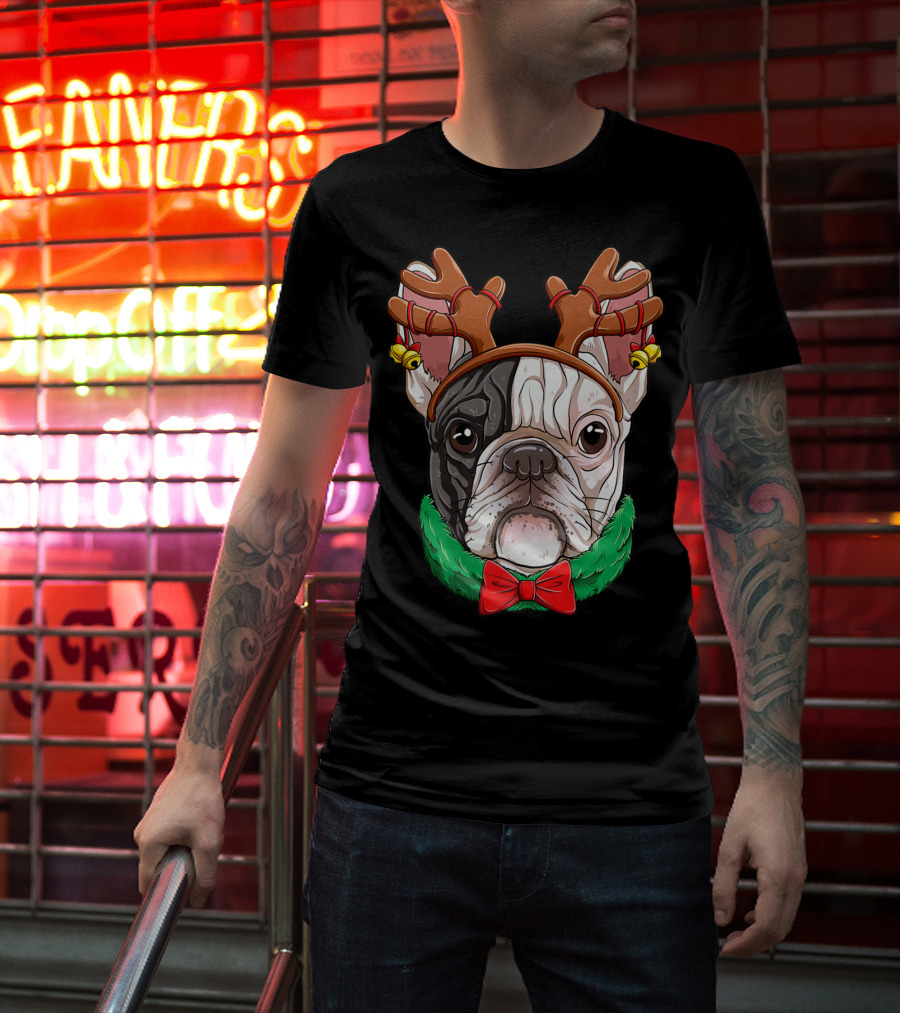French Bulldog With Christmas Reindeer Antlers And Bow Tie T-Shirt