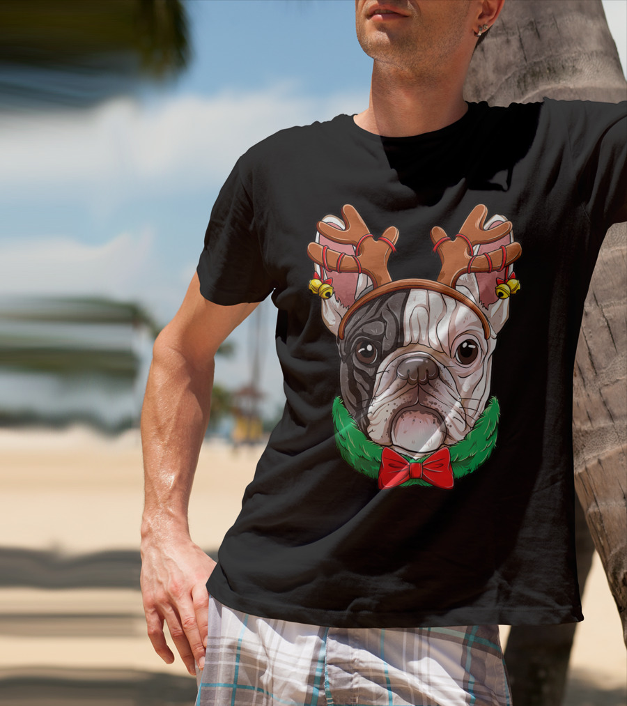 French Bulldog With Christmas Reindeer Antlers And Bow Tie T-Shirt