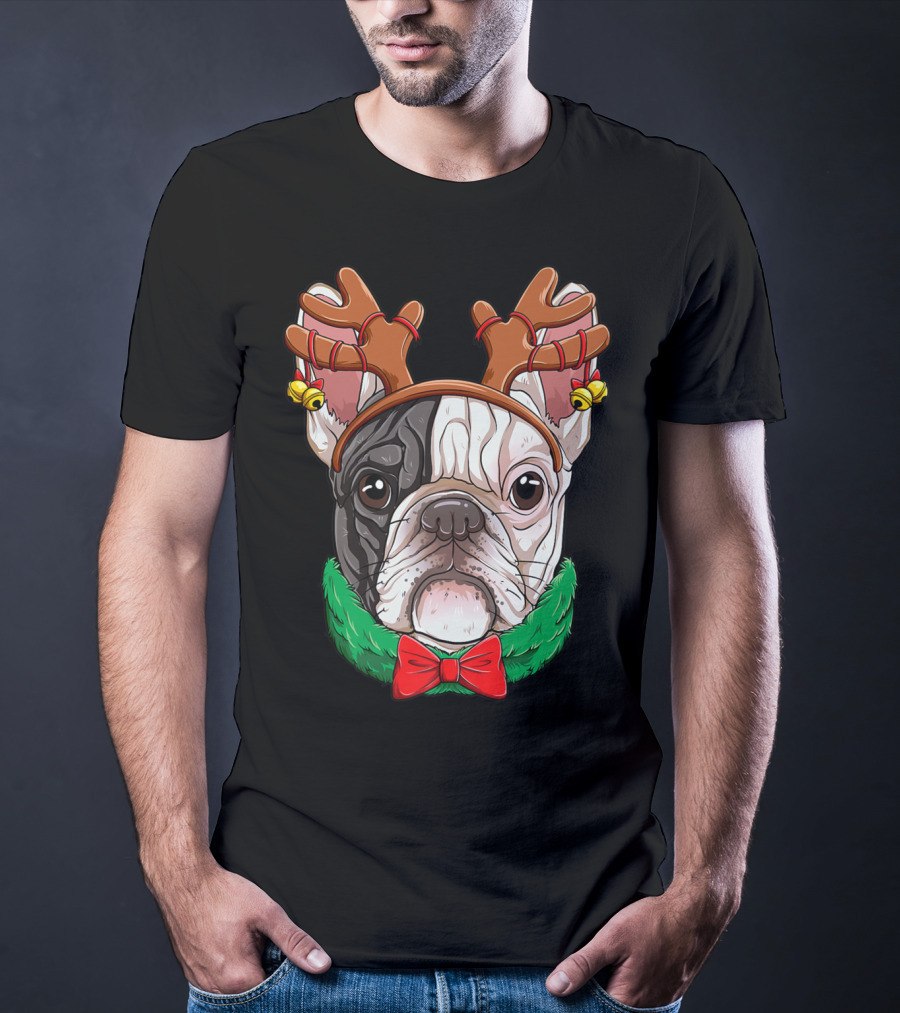 French Bulldog With Christmas Reindeer Antlers And Bow Tie T-Shirt