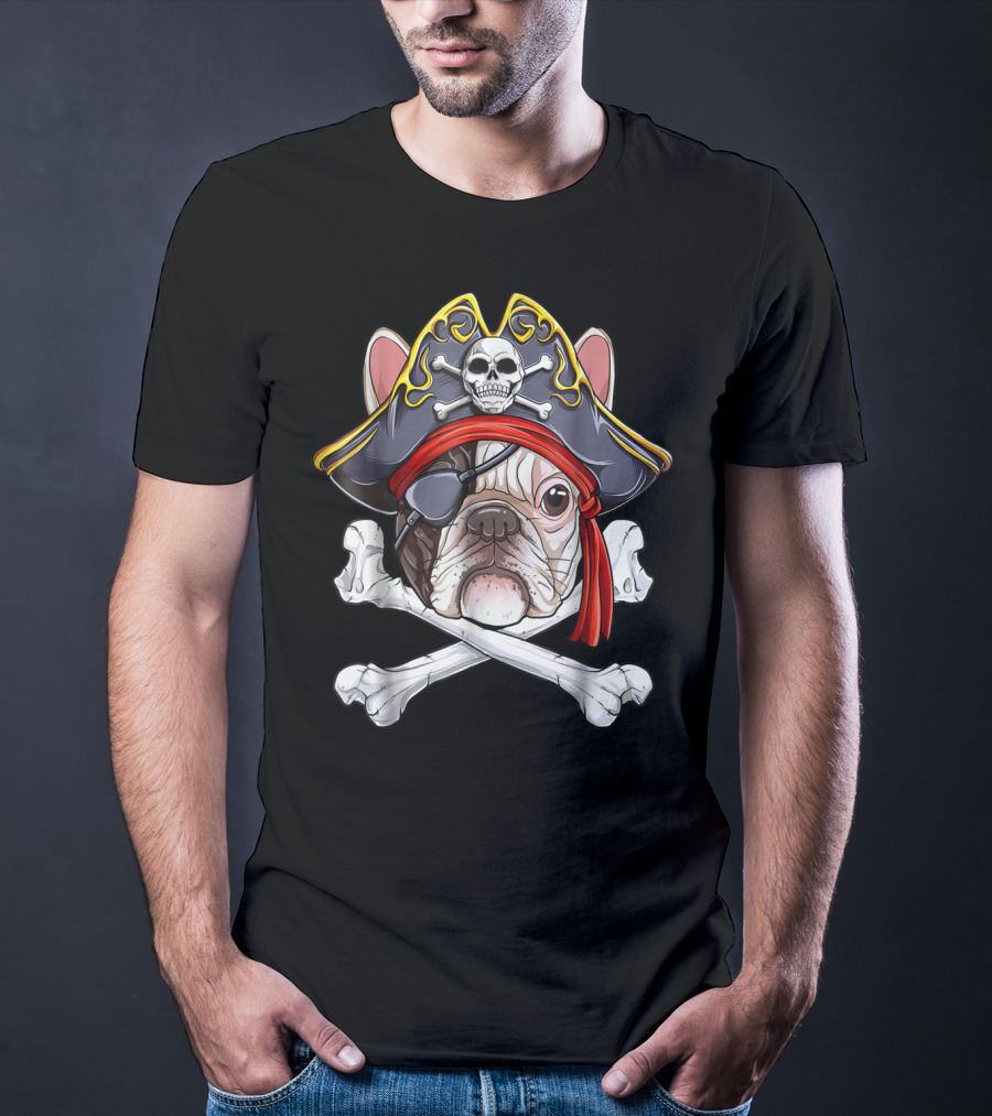French Bulldog Pirate Jolly Roger Crossbones Skull Eyepatch T-Shirt
