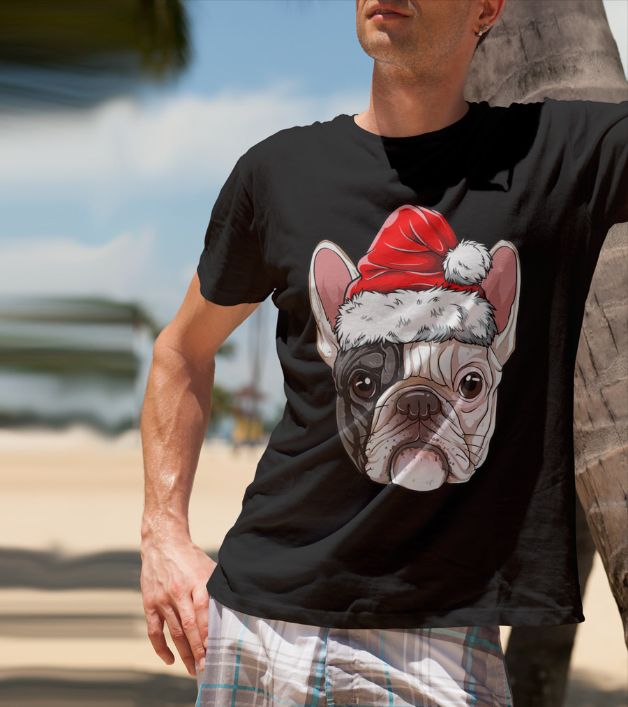 French Bulldog Wearing Santa Hat T-Shirt