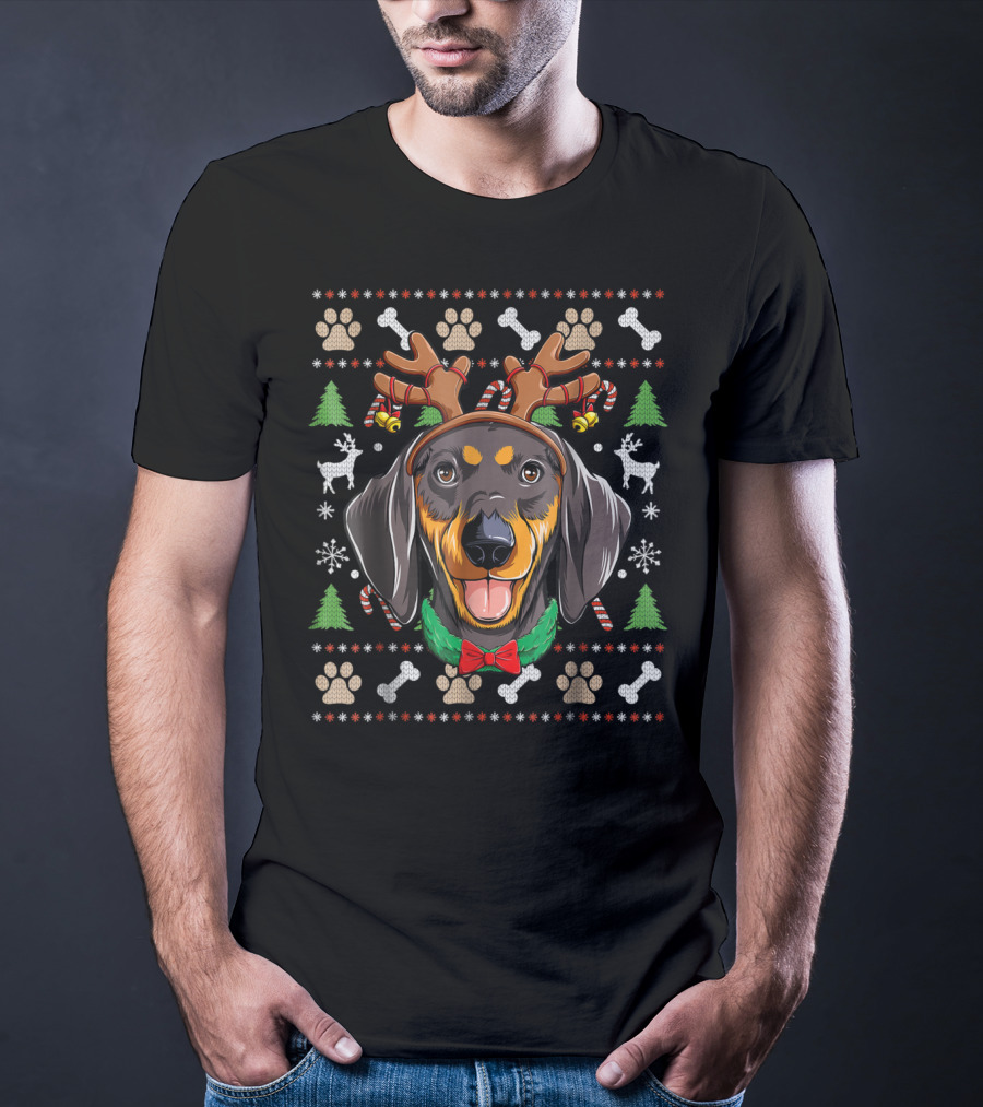Dachshund Reindeer Antlers Christmas Ugly Sweater Snowflakes Candy Canes T-Shirt