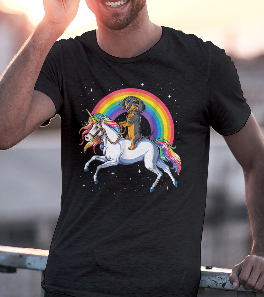 Dachshund Riding Unicorn Space Galaxy Rainbow Kids Women T-Shirt
