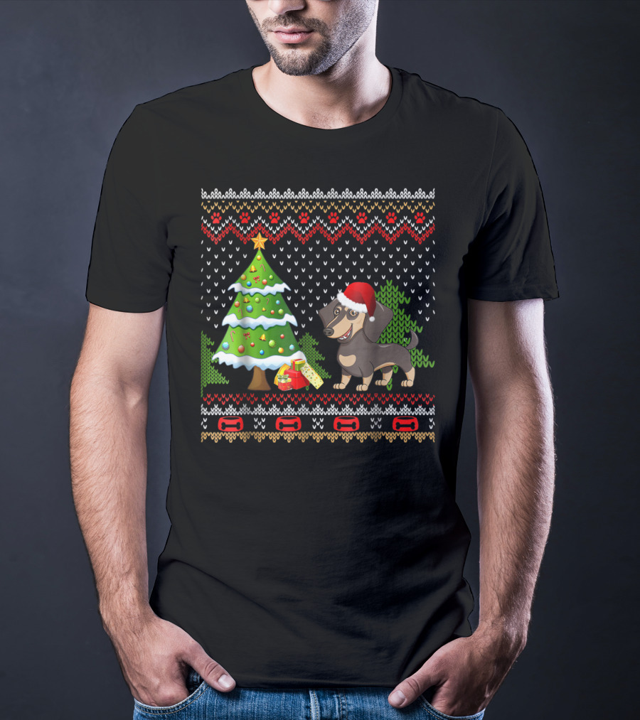 Dachshunds Santa Christmas UglyDog Festive Sweater Holiday Tree T-Shirt